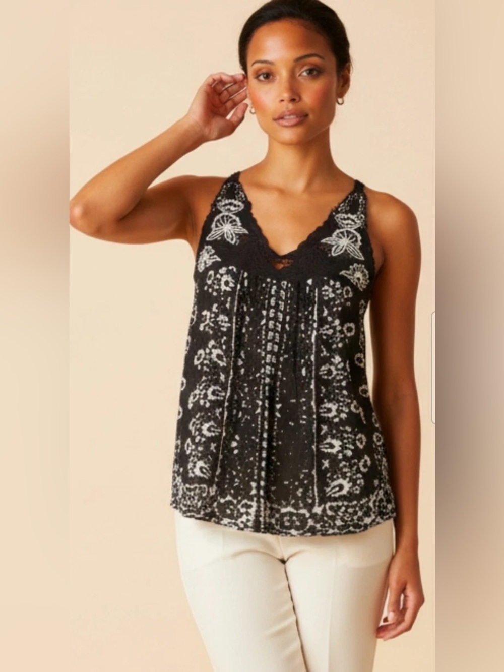 ✨Lucky Brand Black & White Sleeveless Tank Blouse Embroidered Size M